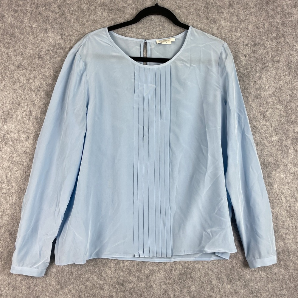 Worth New York Silk Top Womens 14 Blue Pintuck Blouse Semi Sheer‎ Classic Career